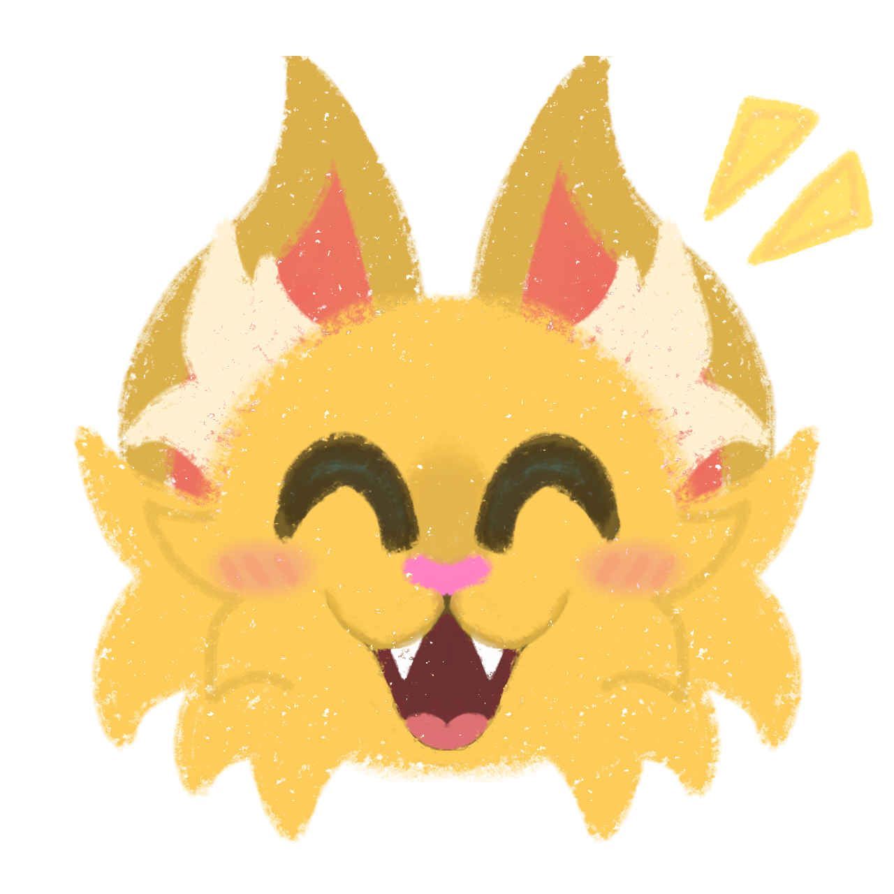 a cartoon-style drawing of a yellow cat with big closed eyes, and a wide, toothy grin. It has pink cheeks and is making an excited expression. The cat has long, fluffy fur.